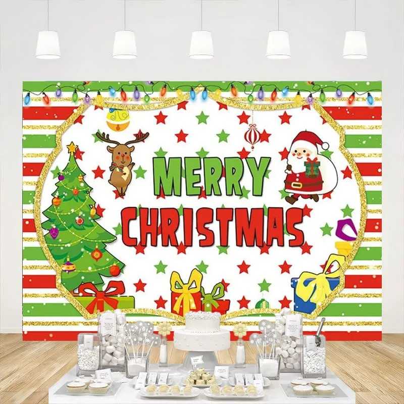

Merry Christmas Backdrop Party Decorations Banner Cartoon Santa Claus Reindeer Background for Photography Photo Studio Props