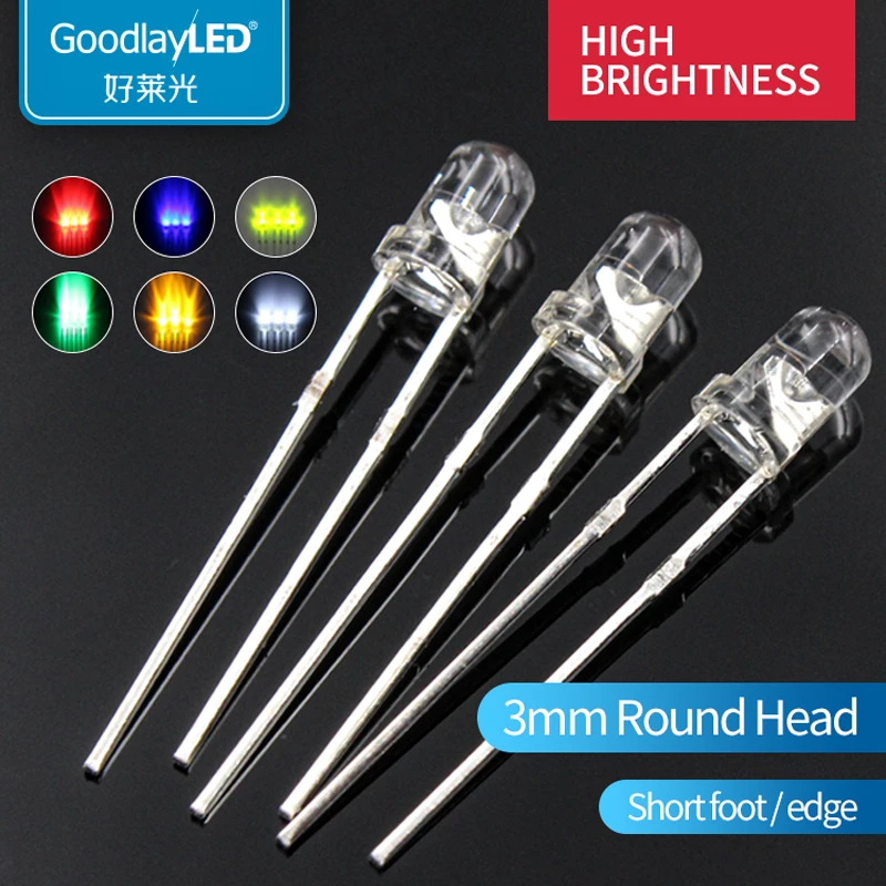 

1000PCS Led 3mm Round Head with short legs transparent white light red blue green and yellow directly inserted led beads