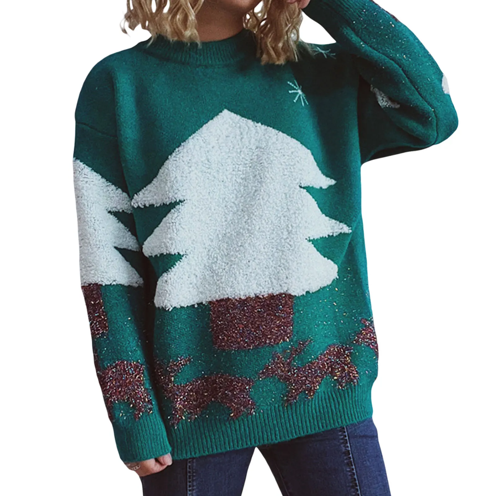 Womens Christmas Sweater Long Sleeve Round Neck Tree Jacquard Glitter Strips Deer Pattern Knitted Jumper
Womens Christmas Sweater Long Sleeve Round Neck Tree Jacquard Glitter Strips Deer Pattern Knitted Jumper