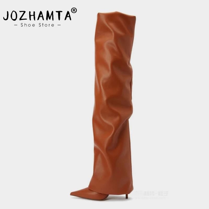 

Женские высокие сапоги JOZHAMTA, зимние брендовые Сапоги выше колена на тонком высоком каблуке, с острым носком, Размеры 35-43