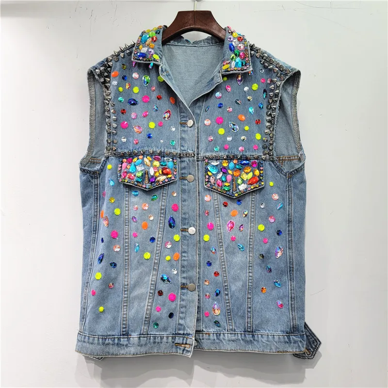Heavy Work Multicolour Diamonds Denim Vest Women Loose Mid Long Cowboy Waistcoat Vintage Korean Sleeveless Jeans Jacket Female
Heavy Work Multicolour Diamonds Denim Vest Women Loose Mid Long Cowboy Waistcoat Vintage Korean Sleeveless Jeans Jacket Female