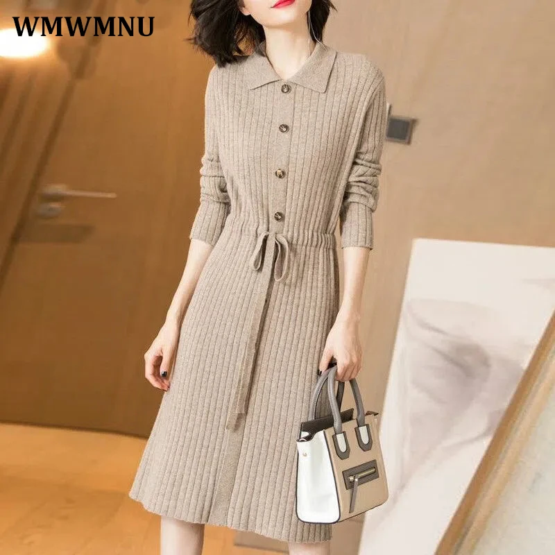 Casual Knitted Lapel Shirt Sweater Dress Women Elegant Long Sleeve Drawstring Waist Pullover Dresses Vintage Mid-Length Vestidos
Casual Knitted Lapel Shirt Sweater Dress Women Elegant Long Sleeve Drawstring Waist Pullover Dresses Vintage Mid-Length Vestidos