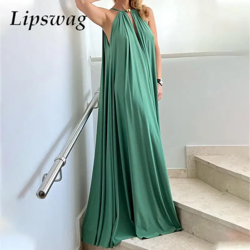 

Women Elegant Solid Hollow Out Party Dress Fashion Summer Halter Off Shouder Boho Beach Dress Casual Loose Hem Pleat Long Dress