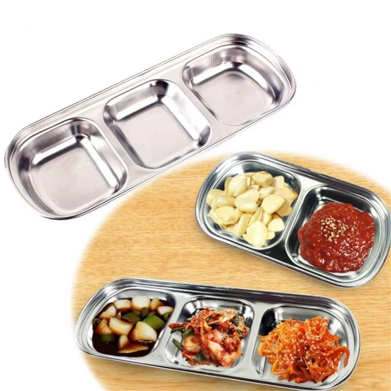 

Stainless Steel Plate Seasoning Sauce Small Dish Household Three-grid Barbecue Dipping Kitchen Snack Plates Vinegar Sushi Saucer