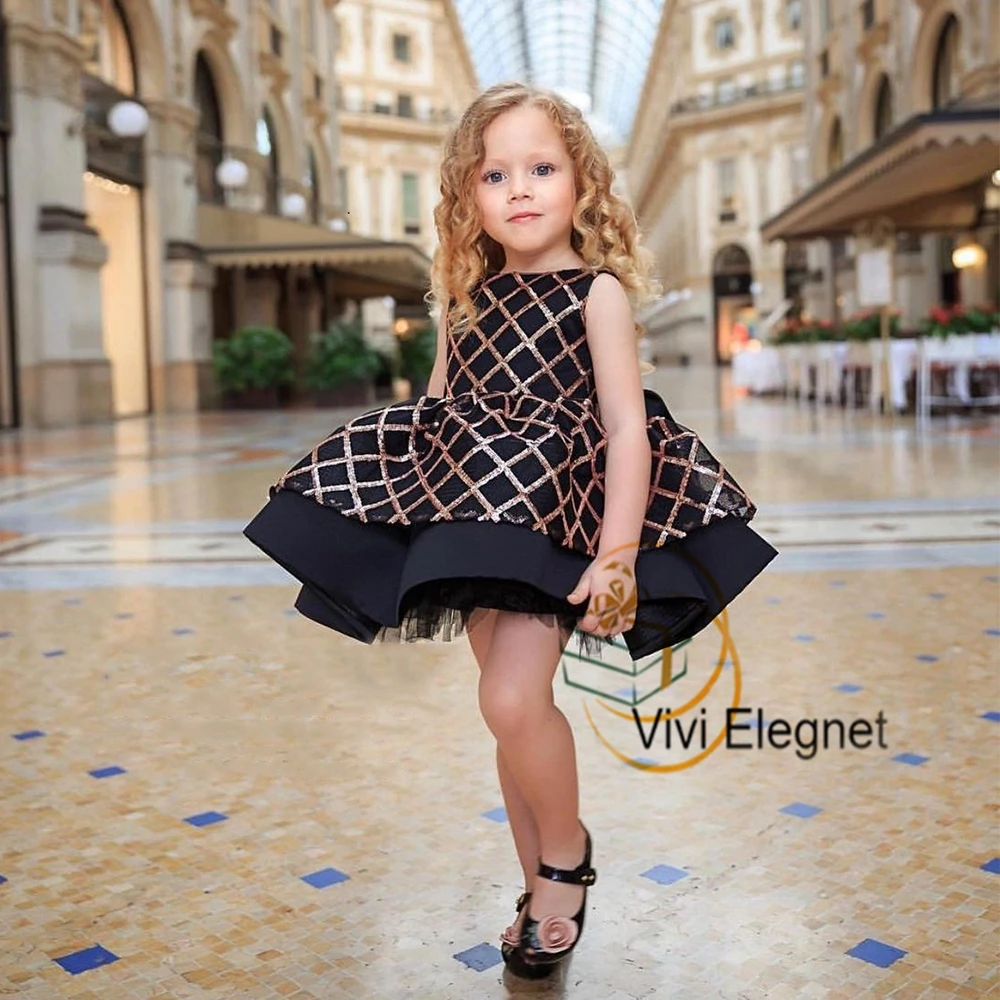 

Scoop Tiered Sleeve Black Flower Girl Dresses for Child 2023 Summer Tutu Communion Dresses Girls New Bow فساتين بنات صغار