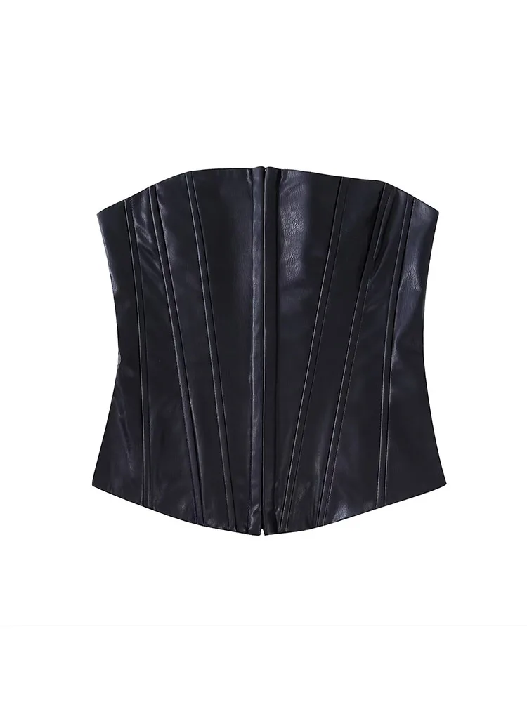 

Women 2022 autumn New Fashion that goes with everything A mock leather corset Female Outerwear Chic Tops