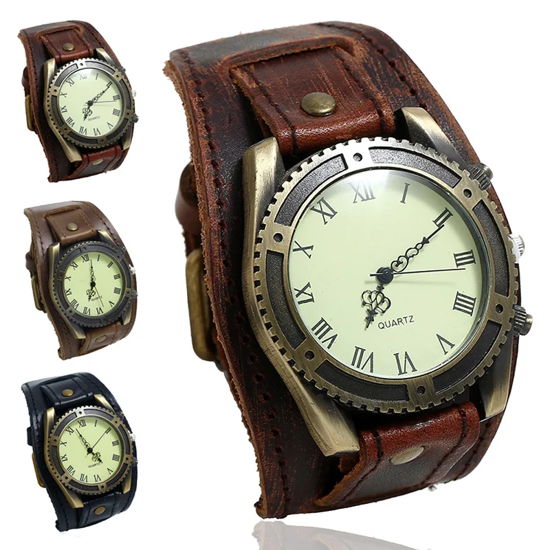 

Men Watches Punk Vintage Cow Leather Wristwatch Roman Numbers Dial Casual Watch Gift Roman Number Casual Men Boy Gift