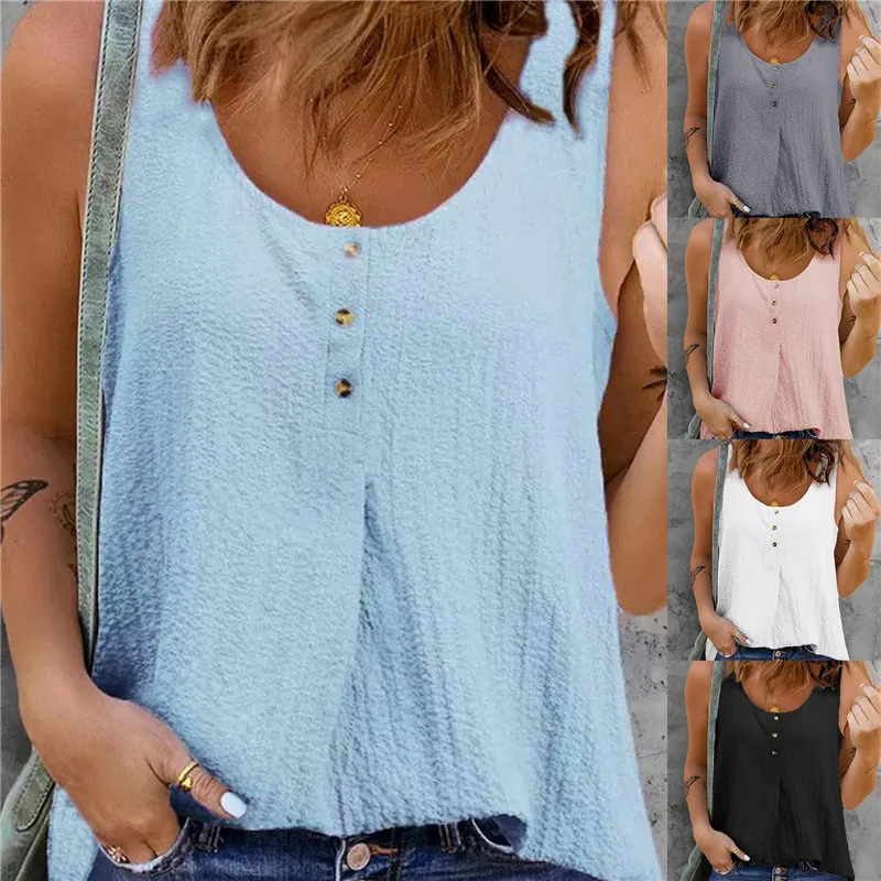 

Fashion Women's Blouse Tops Summer Sleeveless Chiffon Shirt Solid Casual Button-embellished Crew Neck Plus Size Tank Top