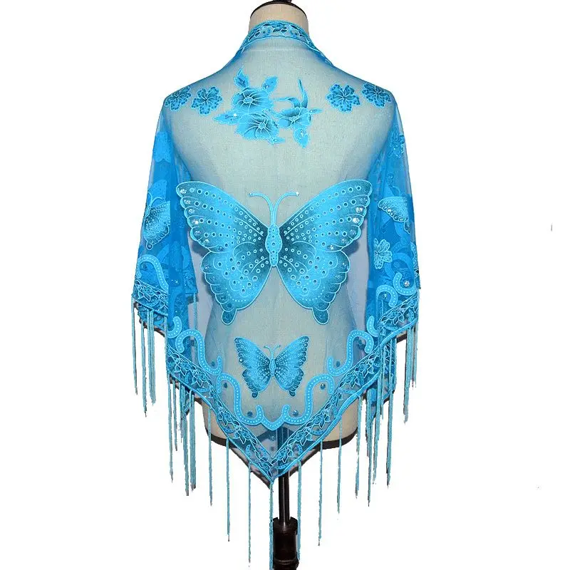 

Lace Triangular Butterfly Print Flower Thin Silk Scarf Women's Fashion Cheongsam Accessories National Style Baotou Shawl