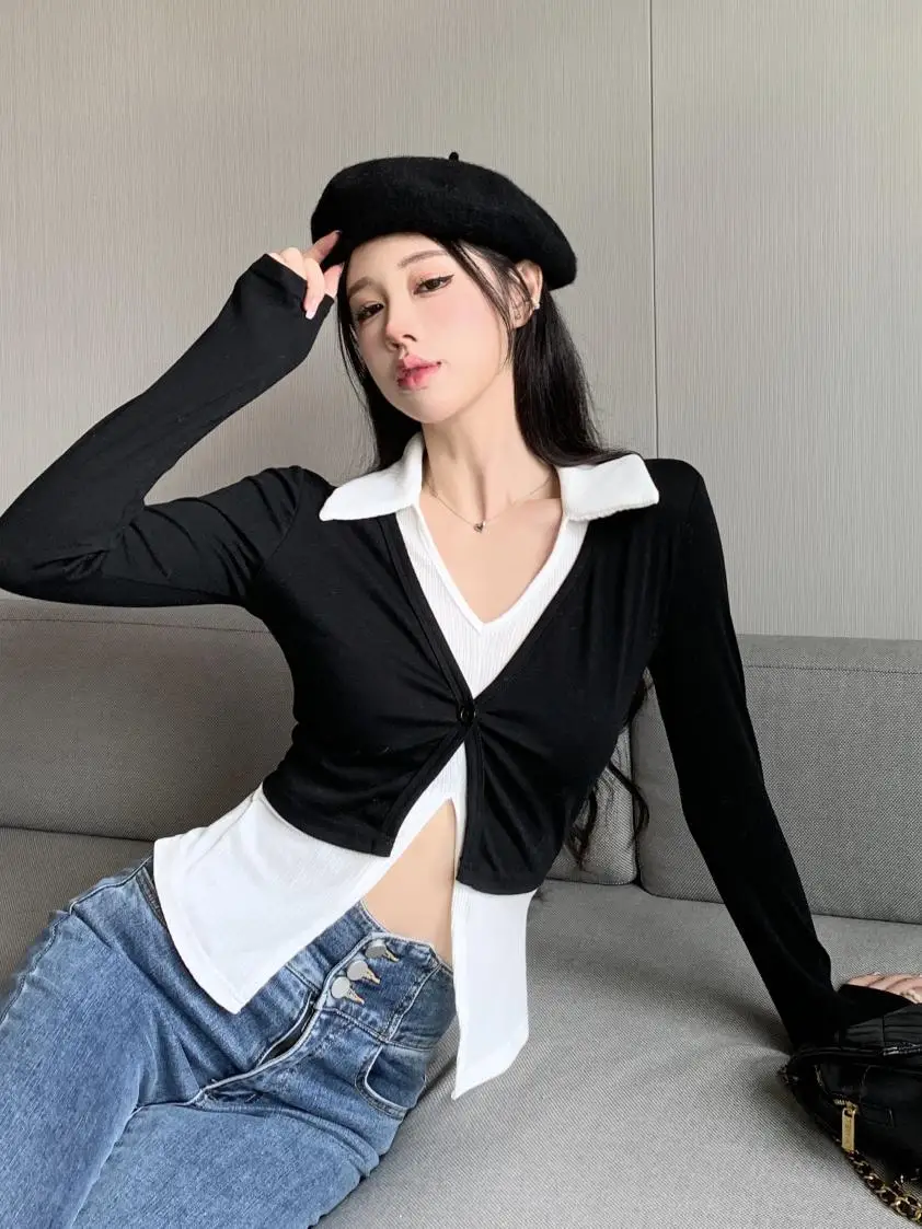 Black White Patchwork Spring Knitted T-Shirts Women Long Sleeve Casual Knitwear Shirts Top Slim Sexy Vintage Split Top Tees
Black White Patchwork Spring Knitted T-Shirts Women Long Sleeve Casual Knitwear Shirts Top Slim Sexy Vintage Split Top Tees
