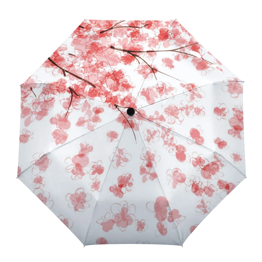 

Pink Flower Sakura Cherry Blossoms Creative Umbrella Rain Women Automatic Three Folding Umbrellas Windproof Parasol Parapluie