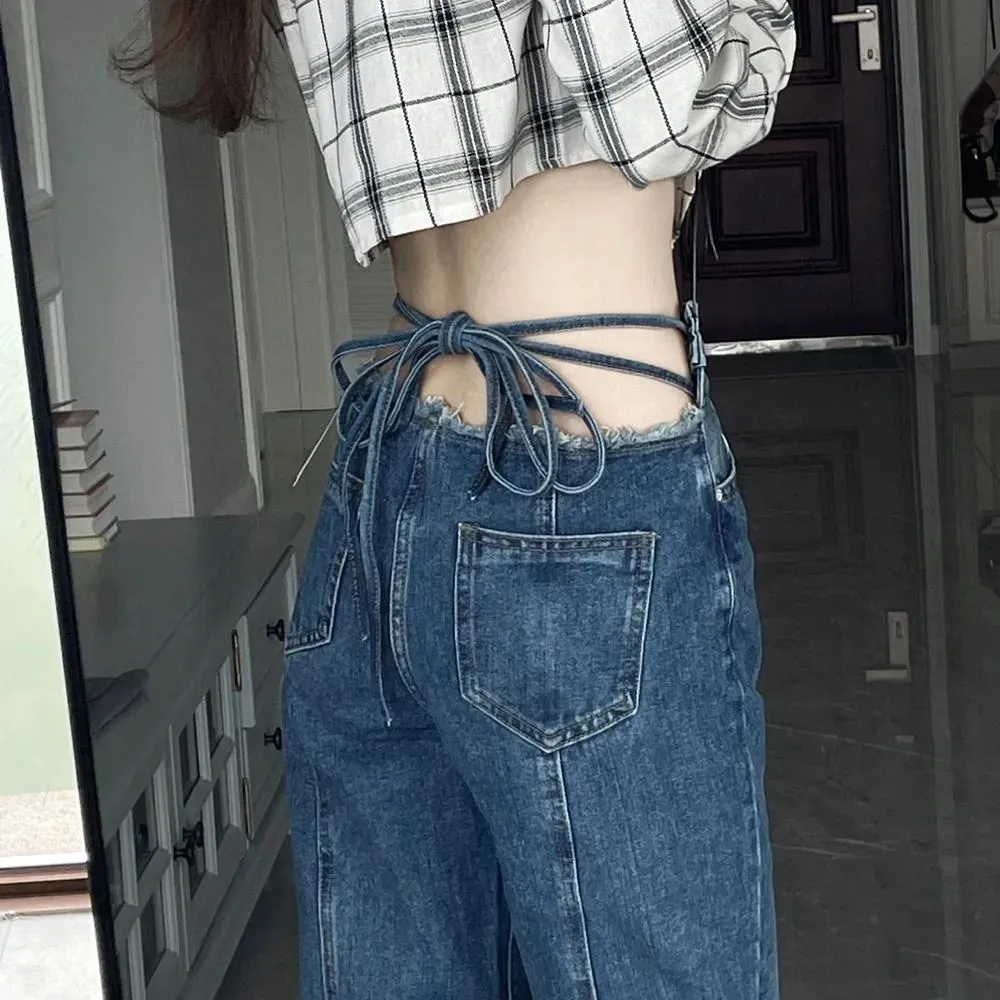 

Women High Waist Straight Loose Button Jeans Pants Blue Hip Design Tied Rope Harajuku Sexy High Street Retro Casual