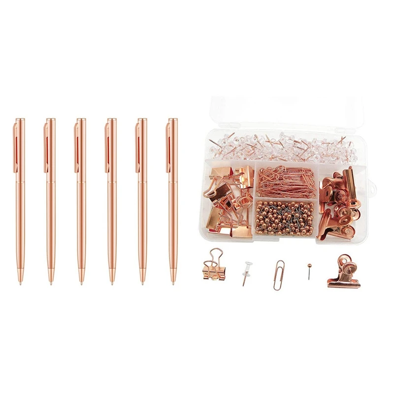 Slim Metallic Retractable Ballpoint Pens - Rose Gold With Push Pins Binder Clips Paper Clips Map Tacks Sets
Slim Metallic Retractable Ballpoint Pens - Rose Gold With Push Pins Binder Clips Paper Clips Map Tacks Sets