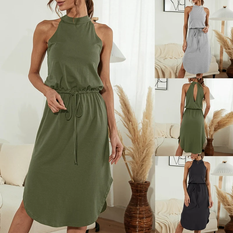 Women Summer Halter Sleeveless Lace Up Solid Classic Elastic Waist Casual Women Knee-Length Dress
Women Summer Halter Sleeveless Lace Up Solid Classic Elastic Waist Casual Women Knee-Length Dress