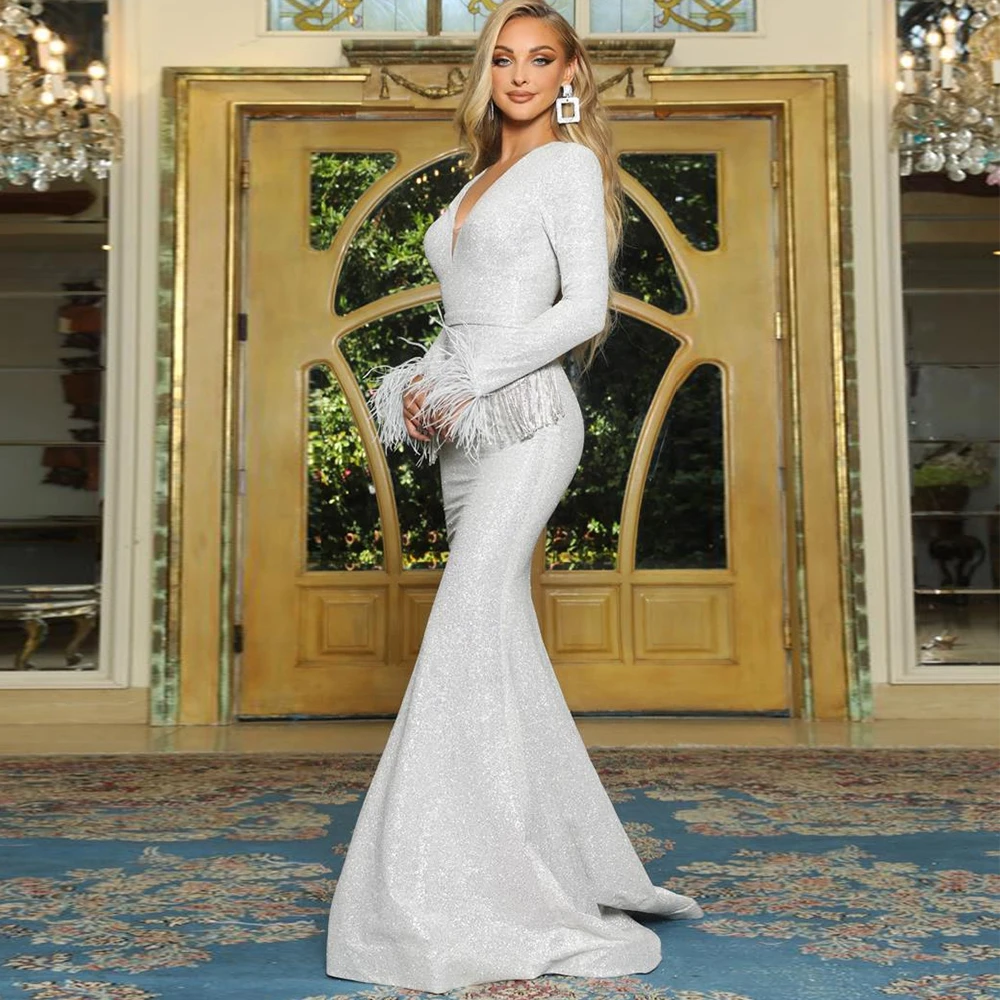 Long Sleeve Feather Mermaid Evening Dresses 2022 Elegant Deep V-neck Sequin Prom Dresses Floor Length Pleated Ladies Party Gown
Long Sleeve Feather Mermaid Evening Dresses 2022 Elegant Deep V-neck Sequin Prom Dresses Floor Length Pleated Ladies Party Gown