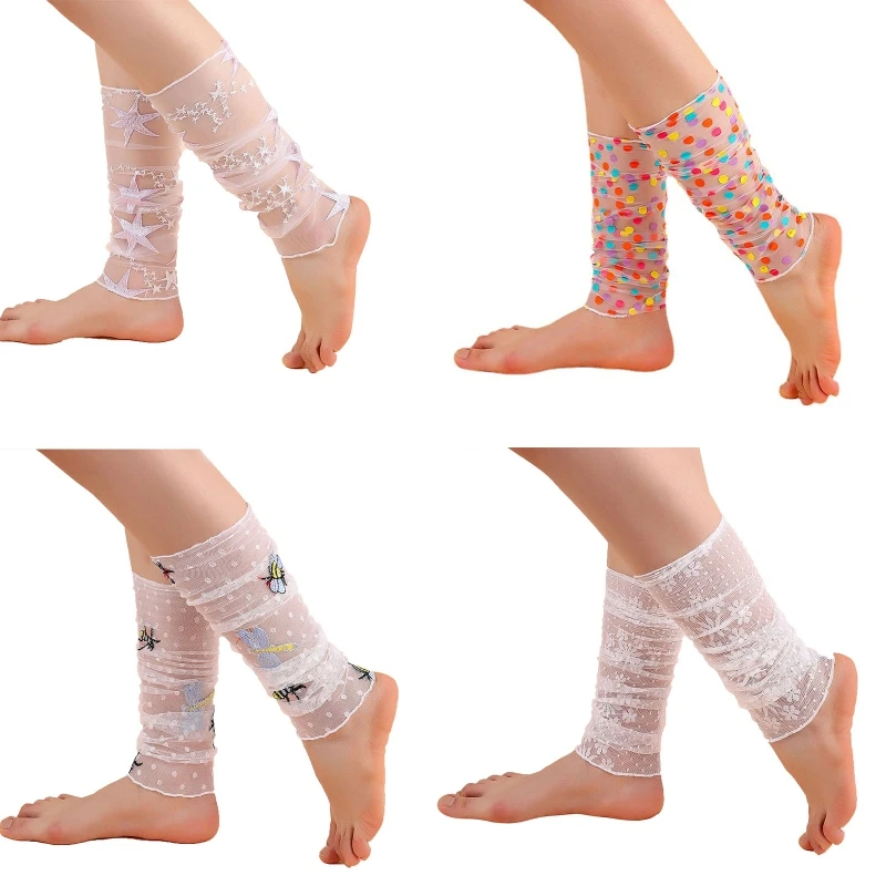 

Women Japanese Summer Mesh Leg Warmers Multicolor Dots Embroidery Butterfly Star Foot Covers Lolita Ruched Calf Socks