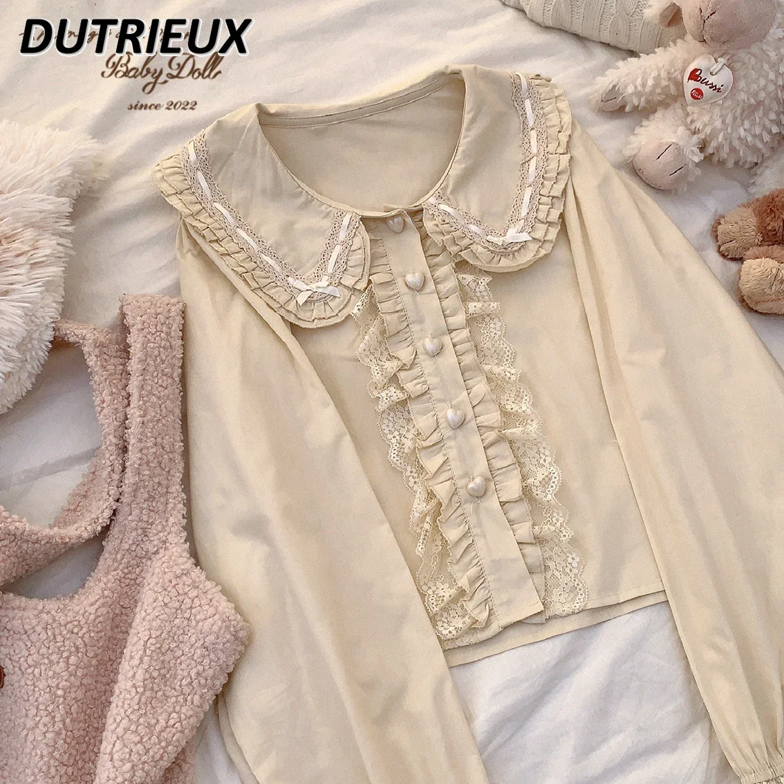 Spring and Autumn New Cotton Ribbon Bow Single-Breasted White Top Sweet Girls Lace Doll Collar Long Sleeve Shirt Camisas
Spring and Autumn New Cotton Ribbon Bow Single-Breasted White Top Sweet Girls Lace Doll Collar Long Sleeve Shirt Camisas