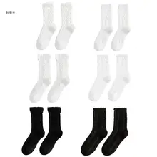 X7YA Women Girls Cotton Socks College Style Twist Knit Wavy Striped Patterned Ruffle Trim Black White Tube Hosiery