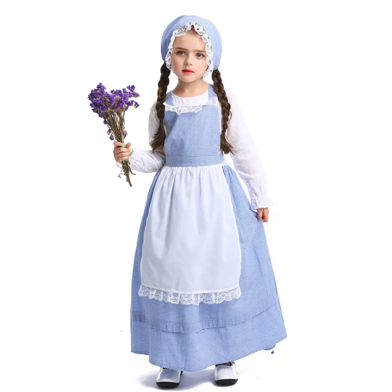 

Cotton Girls Blue Lattice Alice Maid Cosplay Costume Pastoral Style Farm Little Girl Dress Party Costume Photo Suit