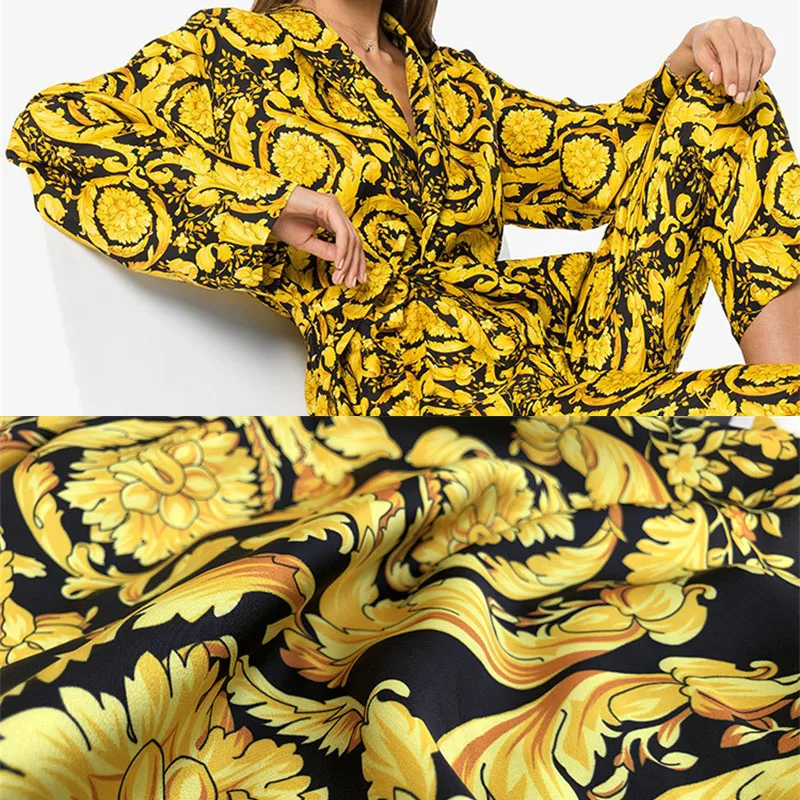 Fashion Printed Fabric Baroque Golden Flower Direct Injection Through Bottom Process Simulated Silk Stretch Satin Fabric Sewing
Fashion Printed Fabric Baroque Golden Flower Direct Injection Through Bottom Process Simulated Silk Stretch Satin Fabric Sewing