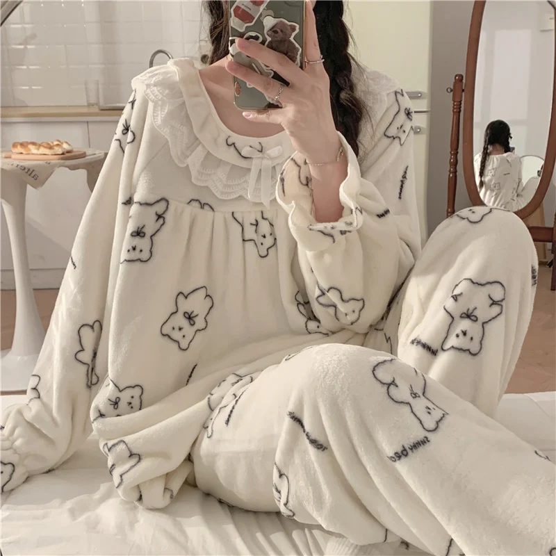 

Осенне-зимний пижамный комплект, женская теплая фланелевая ночная рубашка, Коралловая флисовая Пижама, кружевная утепленная домашняя одежда в стиле принцессы