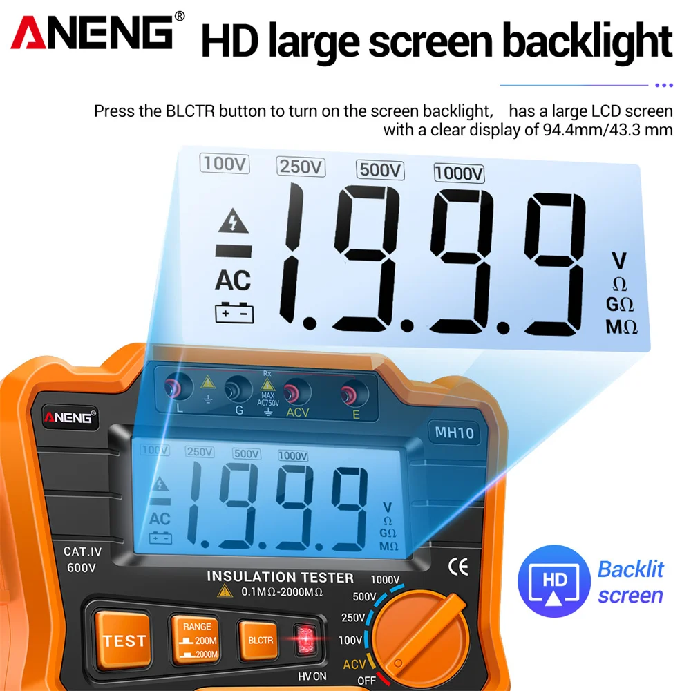 

ANENG MH10 Orange Blue Desktop Megohm Meter Insulation Resistance Ohmer Test Gauge Auto Range Ohm Megohmmeter LCD Backlight Tool