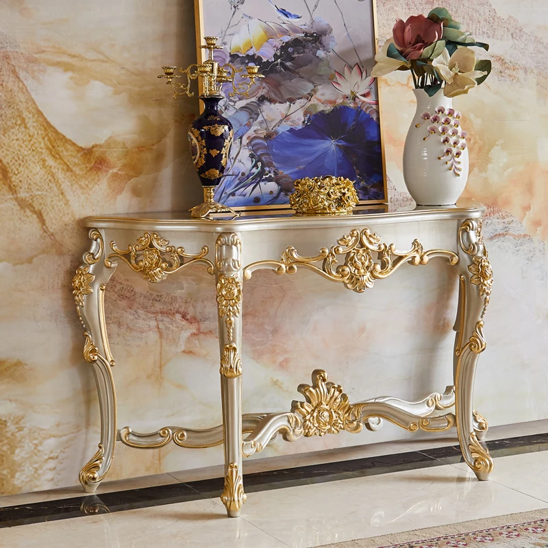 

Резной стол для прихожей в европейском стиле из цельной древесины на стене, изогнутый декоративный шкаф для прихожей, искусственная кожа, узкий коридор