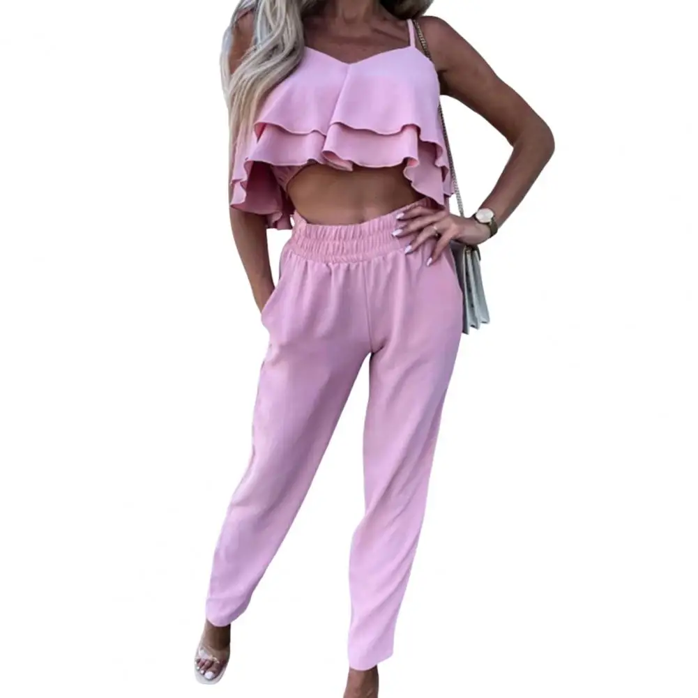 2 Pcs/Set Women Tops Pants Set Spaghetti Strap Solid Color Short Top Flounced Edge High Waist Deep V Neck Lady Vest Trousers Set
2 Pcs/Set Women Tops Pants Set Spaghetti Strap Solid Color Short Top Flounced Edge High Waist Deep V Neck Lady Vest Trousers Set