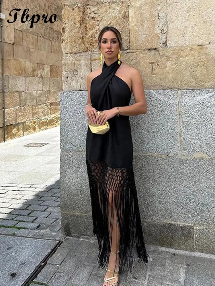 Elegant Fishing Net Tassel Halter Dress Women Fashion Loose Backless Long Robes Summer Sexy Female Party Evening Prom Dresses
Elegant Fishing Net Tassel Halter Dress Women Fashion Loose Backless Long Robes Summer Sexy Female Party Evening Prom Dresses