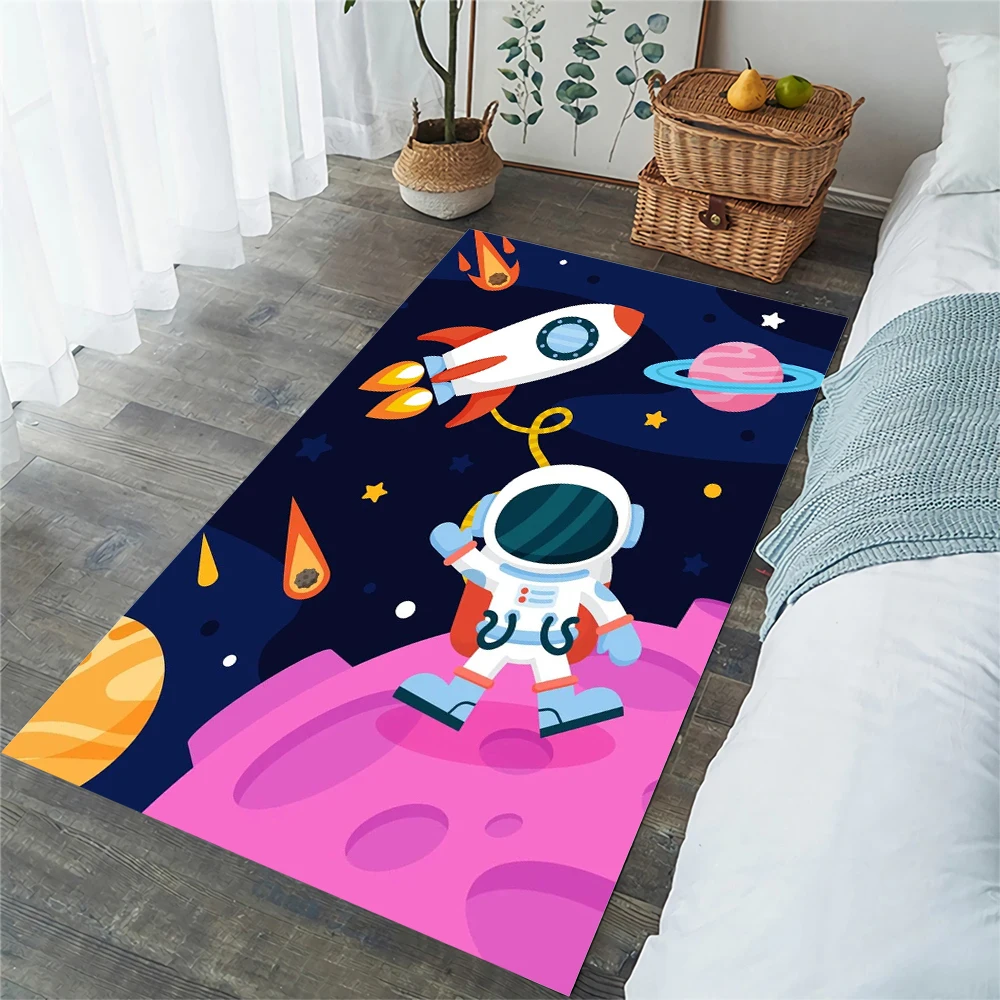 

CLOOCL Children's Carpets for Living Room Bedroom Cartoon Astronaut Rocket Area Rug Flannel Crawling Mat Floor Mats Kitchen Rugs