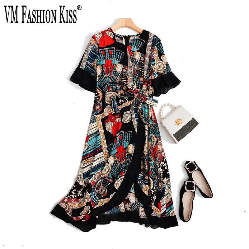 

VM FASHION KISS Summer New Printed Slim V-neck Slit Short-sleeved Chiffon Lace-up High-waisted Ruffle Sleeve Dress