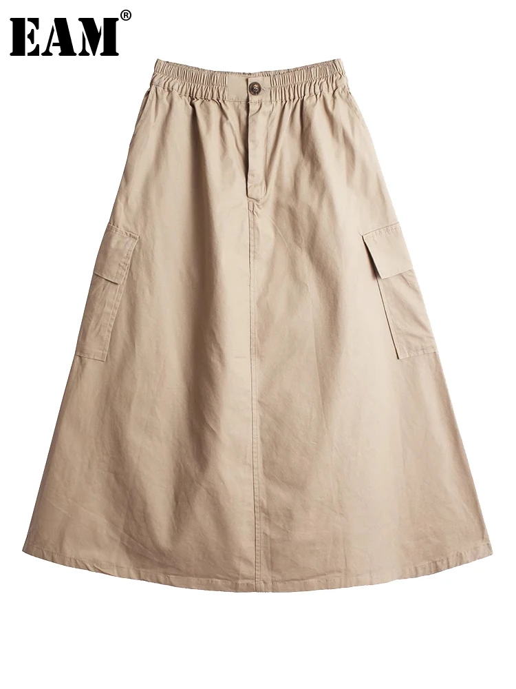 

[EAM] юбка с высокой эластичной талией и карманами цвета хаки, длинная трапециевидная юбка средней длины, женская мода, новинка, весна-осень 2023, 1DF7339
