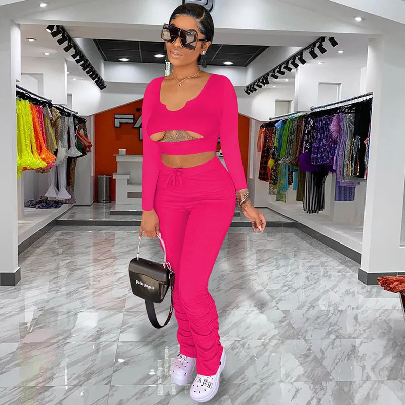 

Sexy Two Piece Pant Sets Women Long Sleeve Cut Out Crop Top Ruched Stacked Pants Sweatsuit Sporty Fitness Bodycon Club Outfits