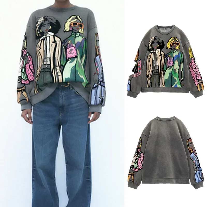 COS LRIS spring new women's retro casual loose gray round neck long-sleeved girl printed sweater 1131/328
COS LRIS spring new women's retro casual loose gray round neck long-sleeved girl printed sweater 1131/328