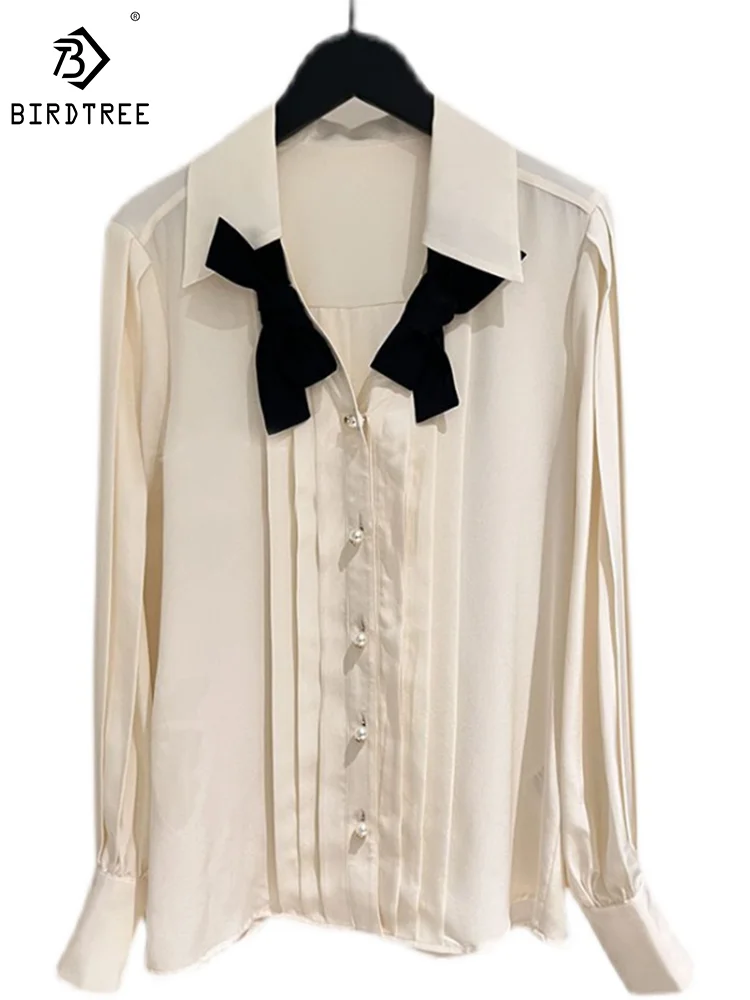 

Birdtree 100%Real Mulberry Silk Shirt Ladies Elegant Formal Office Workwear Long Sleeve Tops White Blouses Autumn T36963QM