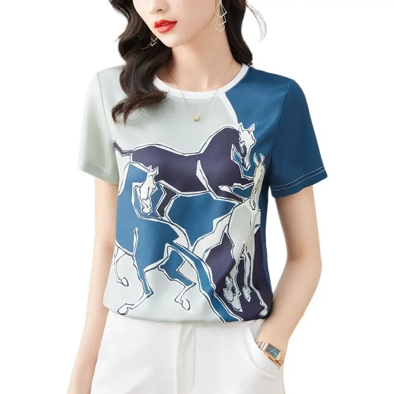 Luxury Graphic Print T-shirt Summer Tops Short Sleeve Women Designer Tee Shirt O-Neck Office Ladies Casual t-shirt 2022 Silk Top
Luxury Graphic Print T-shirt Summer Tops Short Sleeve Women Designer Tee Shirt O-Neck Office Ladies Casual t-shirt 2022 Silk Top