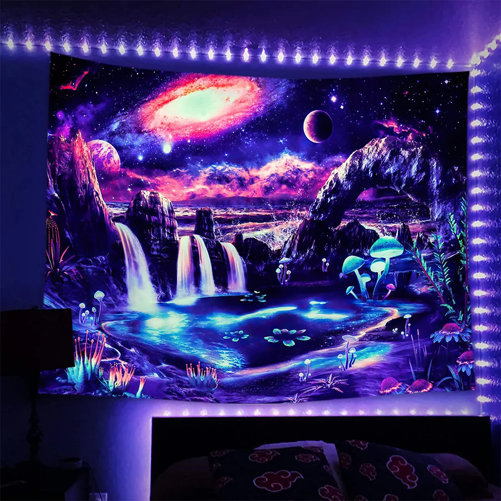 

Blacklight Galaxy Tapestry Trippy Planet Wall Hanging UV Reactive Waterfall Mountain Wave Mushroom Bedroom Decoration Room Decor