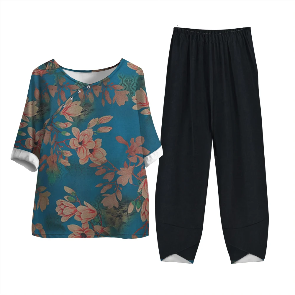 Retro Soft Grandmother Button-Down Shirt Color Flower Print Short-Sleeved Trousers Breathable Sweat Absorption Two-Piece Set
Retro Soft Grandmother Button-Down Shirt Color Flower Print Short-Sleeved Trousers Breathable Sweat Absorption Two-Piece Set