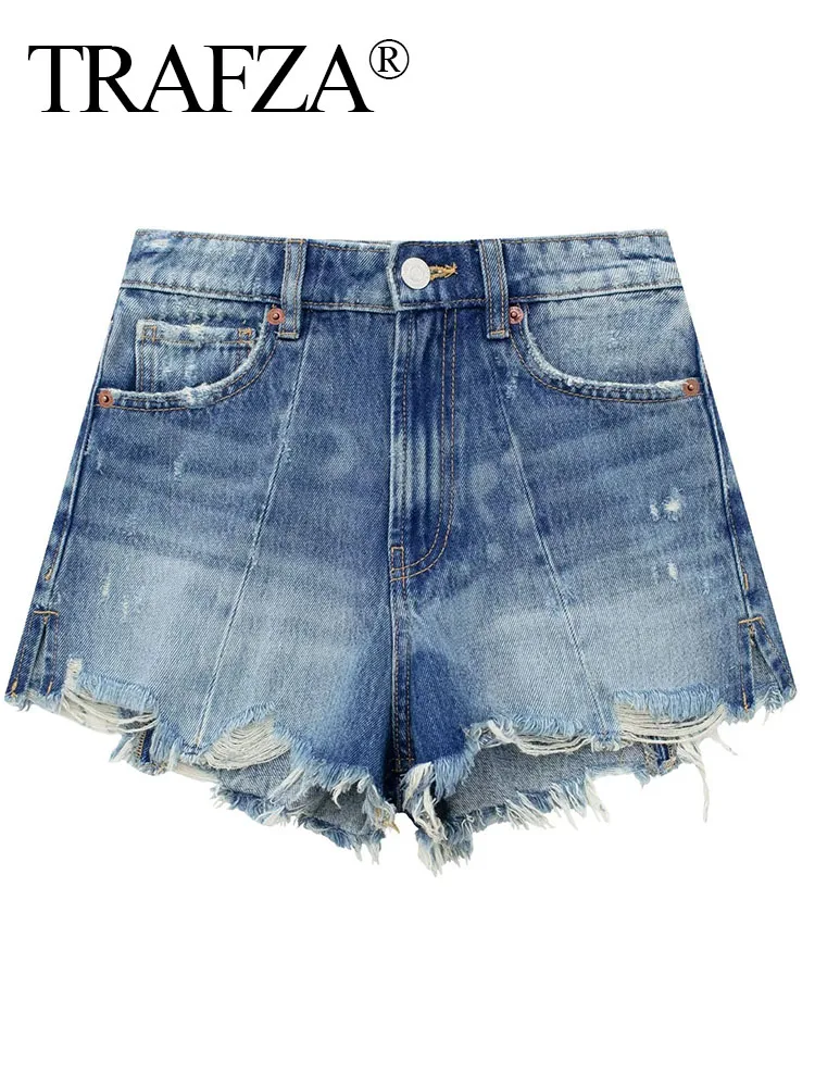 

TRAFZA Women Fashion Bermuda High Waist Denim Shorts Woman Streetwear Vintage Zipper Frayed Hem Ripped Female Shorts Mujer