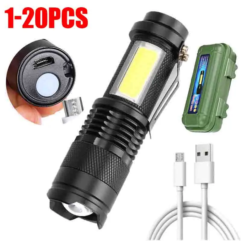 

Q5 Portable Mini Led Flashlight Zoom Torch COB Lamp 2000 Lumens Adjustable Penlight Waterproof for Outdoor Built In Battery