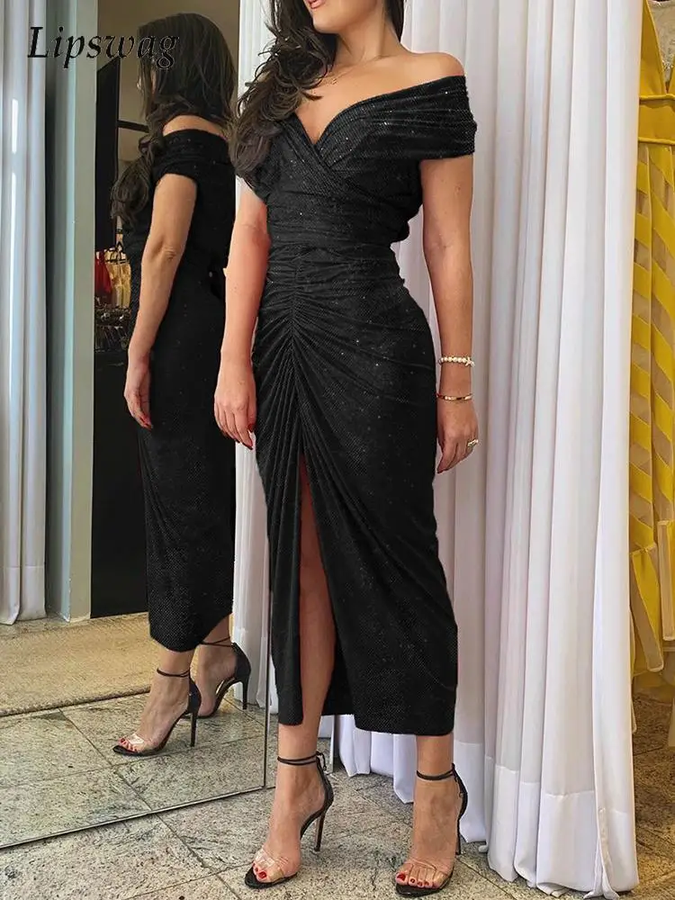 Женское длинное платье с блестками, элегантное однотонное Вечернее Платье макси с драпировкой, глубоким V-образным вырезом и высоким разрез... 
Женское длинное платье с блестками, элегантное однотонное Вечернее Платье макси с драпировкой, глубоким V-образным вырезом и высоким разрез...