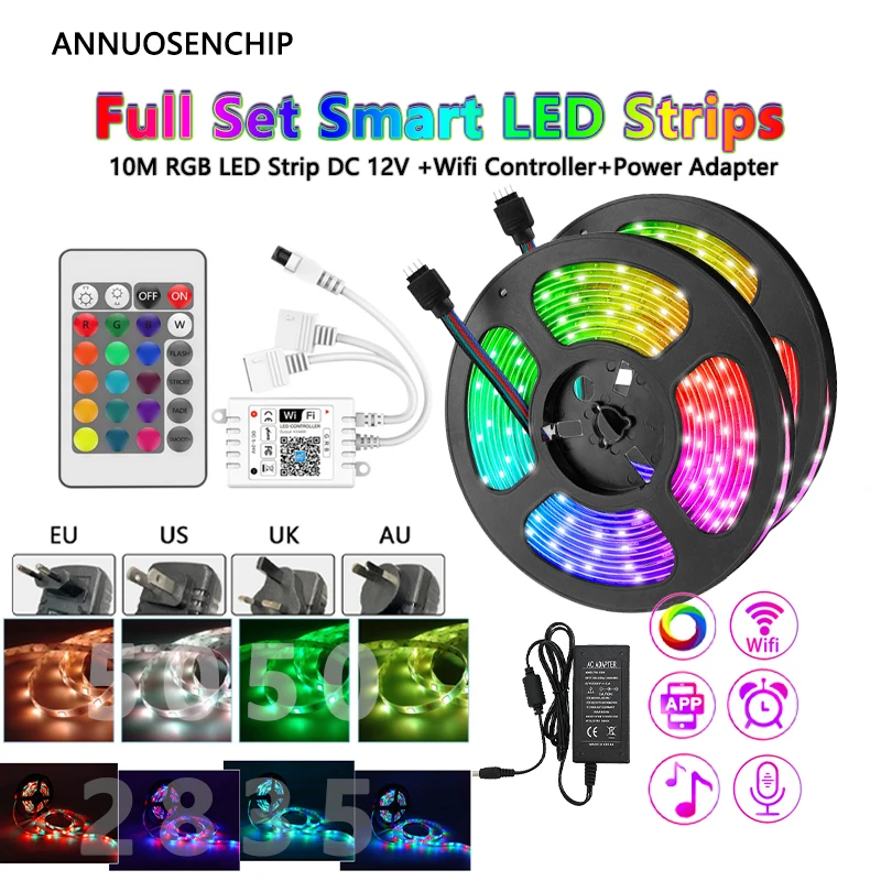 

Full Set of Smart LED Strips 10M DC 12V 5050 2835+Power Adapter 24 Key IR Remote + Dual Output RGB Wifi Voice Dimming Controller