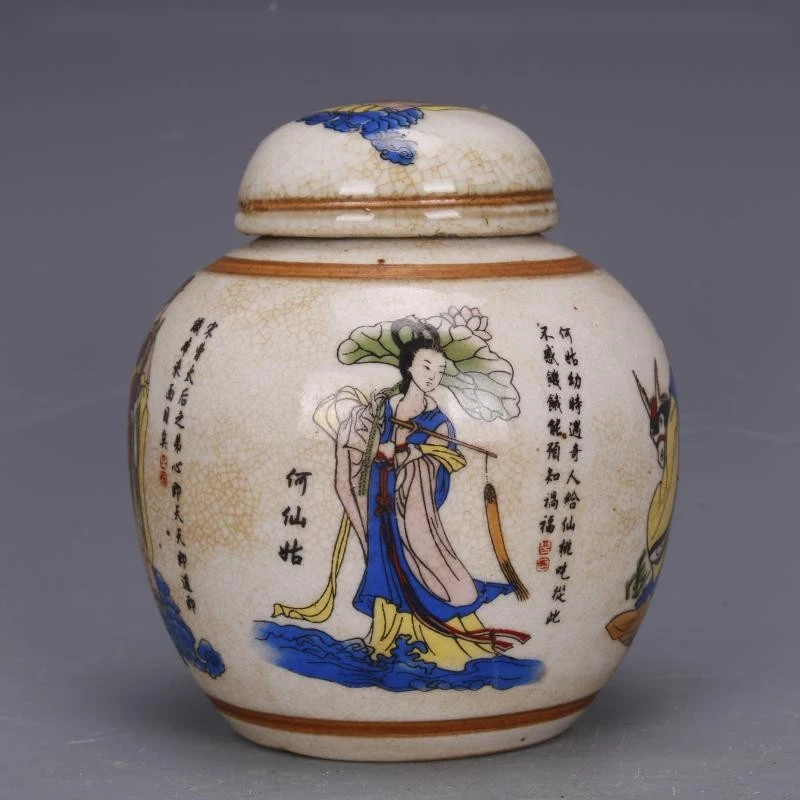 

Qing Dynasty Qianlong Famille Mythology Figure Eight Immortals Figure Tea Caddy Antique Porcelain Home Chinese Ornaments