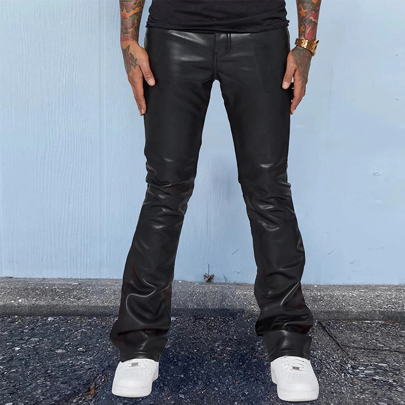 

2yk Clothes Mens Casual Mid Waist Folds Long Pants 2023 Streewtear Men Slim PU Trousers 2023 Fashion Summer Solid Leather Pants
