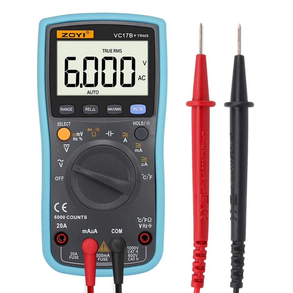 ZOYI VC17B+ Digital Multimeter 6000 Counts AC DC Ammeter Voltmeter Ohm Capacitance Hz Temp Auto Multimetro Tester LCR ESR Meter
ZOYI VC17B+ Digital Multimeter 6000 Counts AC DC Ammeter Voltmeter Ohm Capacitance Hz Temp Auto Multimetro Tester LCR ESR Meter
