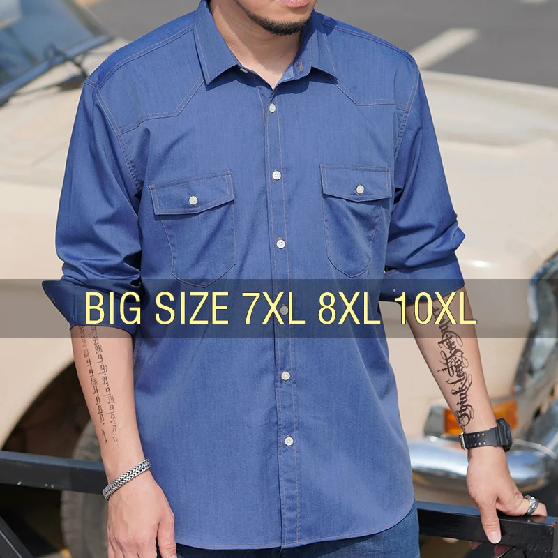 

Men Shirt Denim Oversize 7XL 8XL 10XL Plus Size 6XL Fashion Casual Cowboy Blue Pockets Loose Long Sleeve Cotton High Quality