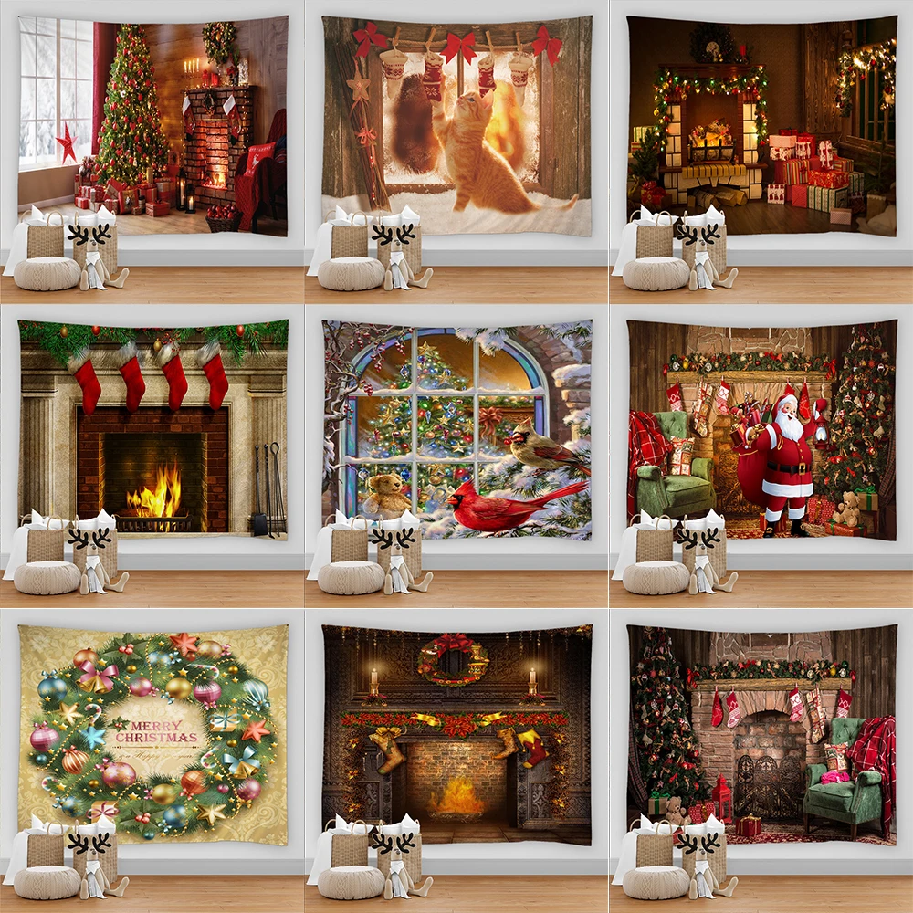 

Santa Claus fireplace gift print pattern tapestry home living room bedroom wall decoration polyester tapestry