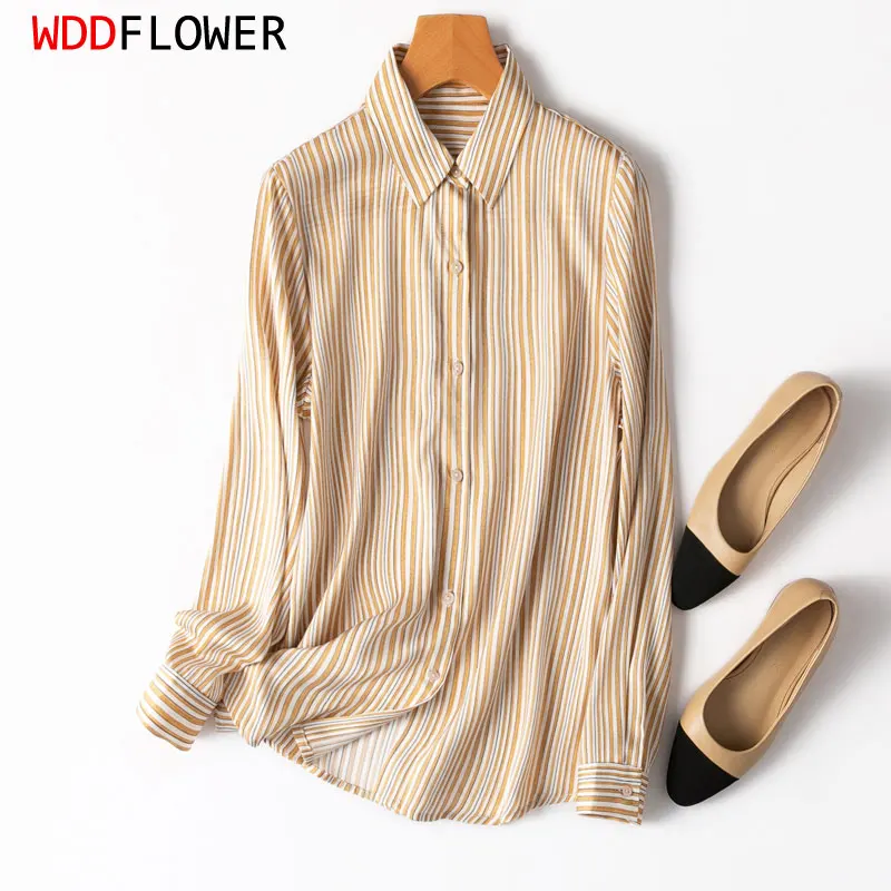 

Women Silk Shirt 95% Mulberry Silk 5% Spandex 19 momme Beige Striped Buttons down Long sleeve Top Blouse office work MM706