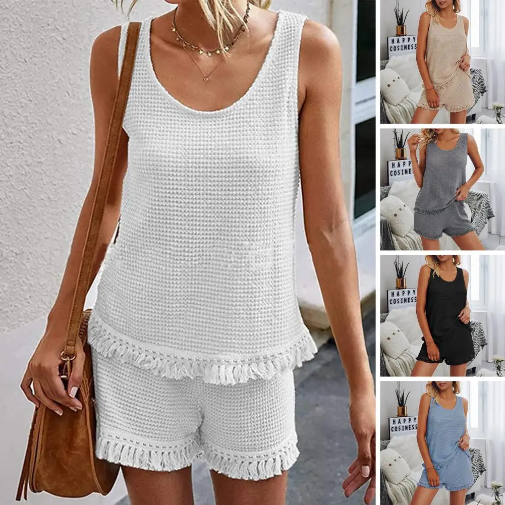 Summer Tank Top Shorts Set Round Neck Tassels Hem Sleeveless Elastic Waist Two-piece Set Women Beach Suit Loungewear Outfits
Summer Tank Top Shorts Set Round Neck Tassels Hem Sleeveless Elastic Waist Two-piece Set Women Beach Suit Loungewear Outfits