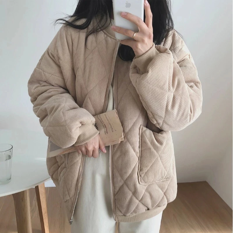 

New Autumn Khaki Corduroy Warm Jacket Korean Simplicity Baggy Straight Coat Fashion Casual Female Puffer Comfortable Outwear